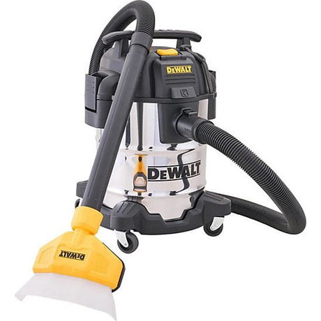 DeWalt wet and dry vacuum cleaner with 25 litre stainless steel tank, featuring black and white body with yellow accents, dual hose attachments and floor cleaning head accessory