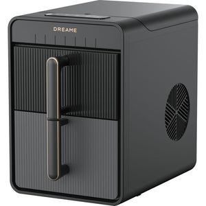 Dreame Aura Bullet Ice Machine Maker IB-50 in black with vertical ribbed design, gold accents, front door with handle, and ventilation grille on right side