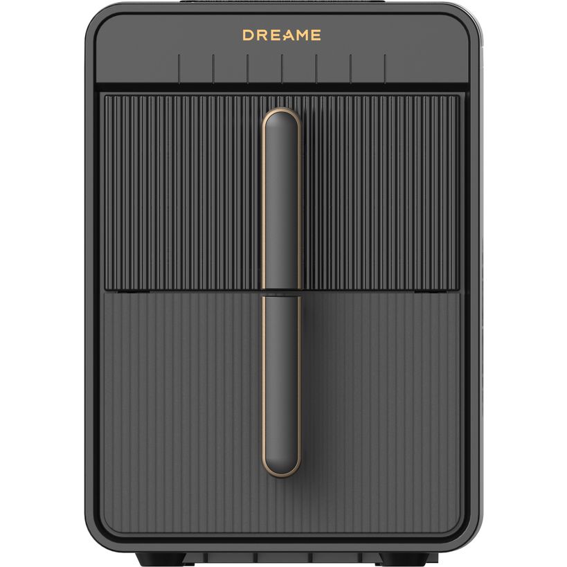 Dreame Aura Bullet Ice Machine Maker IB-50 with black and grey ribbed exterior, gold accents, and central dispensing chute