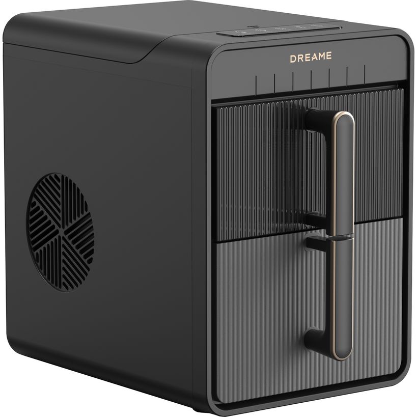 Dreame Aura Bullet Ice Machine Maker IB-50 in black with vertical ribbed panel design, featuring a circular ventilation grille on the left side and a handle on the front, shown against a white background