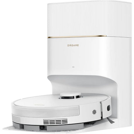 Dreame D20 Pro Plus white robot vacuum and mop with circular disc design, docking station tower, and ventilation grilles shown against white background