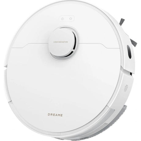 White circular robot vacuum cleaner with LiDAR navigation dome, side brush and mop attachment, Dreame D20 Pro Plus model shown from top view angle
