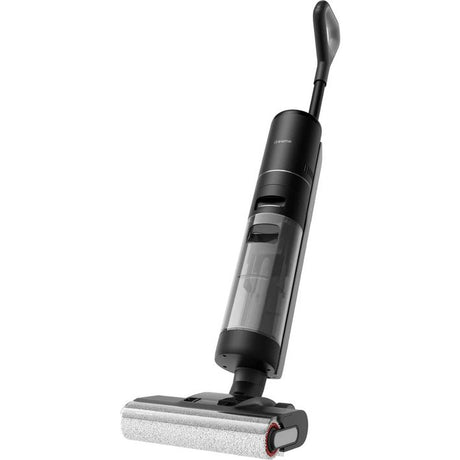 Dreame H12 Pro wet and dry cordless vacuum cleaner with black body, transparent dust tank, and microfiber cleaning head on white background
