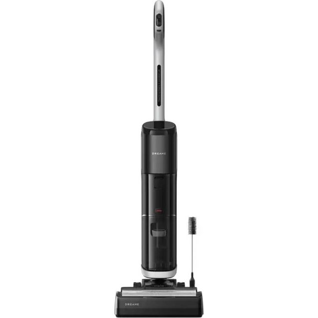 Dreame H14 Pro wet and dry vacuum cleaner with black cylindrical body, silver metallic upper section, charging dock base, and detachable brush head attachment
