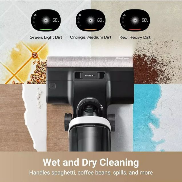 Dreame H14 Pro wet and dry vacuum cleaner displayed with dirt detection indicators showing light, medium, and heavy dirt levels, surrounded by sample surfaces including yellow tile, wood flooring, marble, brown soil, and blue water to demonstrate cleaning capabilities on various materials and spills