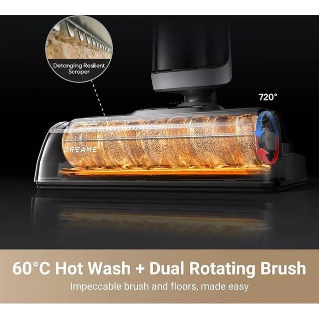 Dreame H14 Pro wet and dry vacuum cleaner with 60°C hot wash dual rotating brush system, featuring 720° rotation head, detangling resilient scraper, and illuminated roller drum on black base