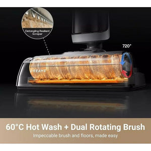 Dreame H14 Pro wet and dry vacuum cleaner with 60°C hot wash dual rotating brush system, featuring 720° rotation head, detangling resilient scraper, and illuminated roller drum on black base