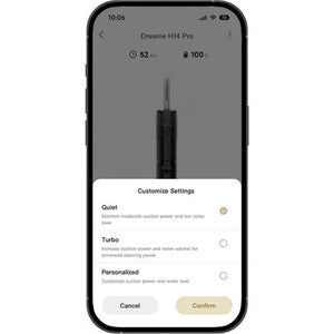 Smartphone displaying Dreame H14 Pro vacuum cleaner app with customization settings menu showing Quiet, Turbo, and Personalized mode options, with device showing 52 minutes runtime and 100% battery level
