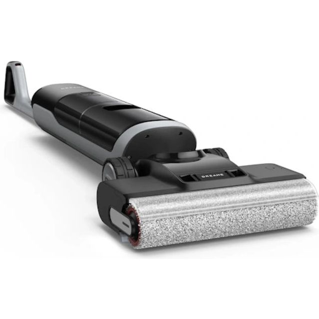 Dreame H14 Pro wet and dry vacuum cleaner featuring black and grey body with motorized cleaning head and white microfiber roller brush attachment shown against white background