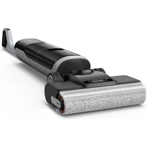 Dreame H14 Pro wet and dry vacuum cleaner featuring black and grey body with motorized cleaning head and white microfiber roller brush attachment shown against white background
