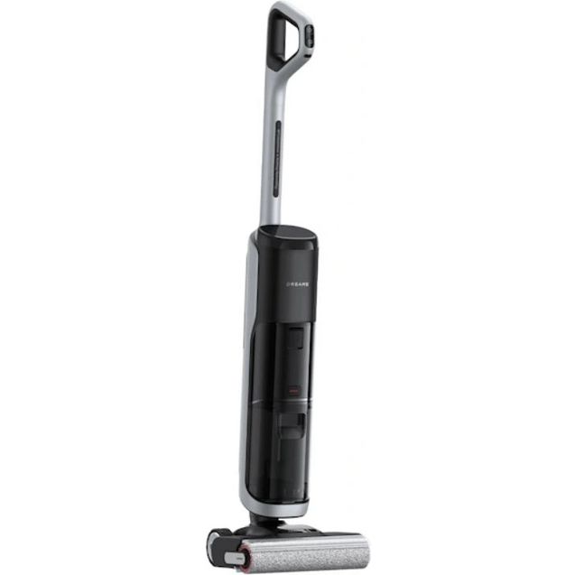 Dreame H14 Pro wet and dry vacuum cleaner with black cylindrical body, gray handle, and silver base roller brush on white background
