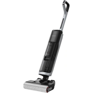 Dreame H14 Pro wet and dry vacuum cleaner with black and grey dual-tank design, featuring a long handle with ergonomic grip and motorized cleaning head with red accents on white brush roll