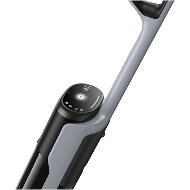 Dreame H14 Pro wet and dry vacuum cleaner with gray and black body, featuring a black digital control console on the handle and a gray upright pole against white background