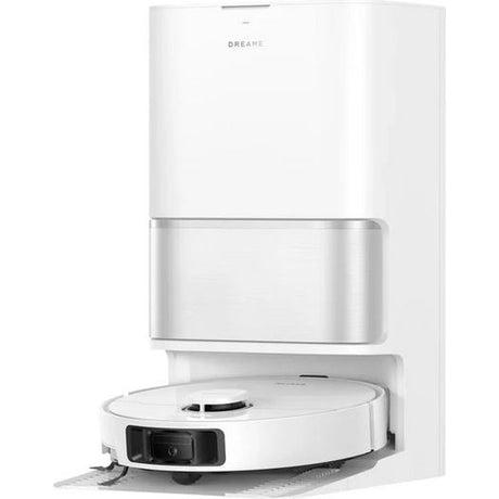 Dreame L10s Ultra Gen 3 white robotic vacuum with auto-empty dock station and dustbin, showing round white robot base with black sensor on silver-accented charging dock