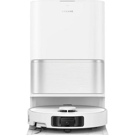 Dreame L10s Ultra Gen 3 white robotic vacuum cleaner with auto-empty dust bin station, featuring circular white base unit with black sensor and silver middle section, stacked design shown against white background
