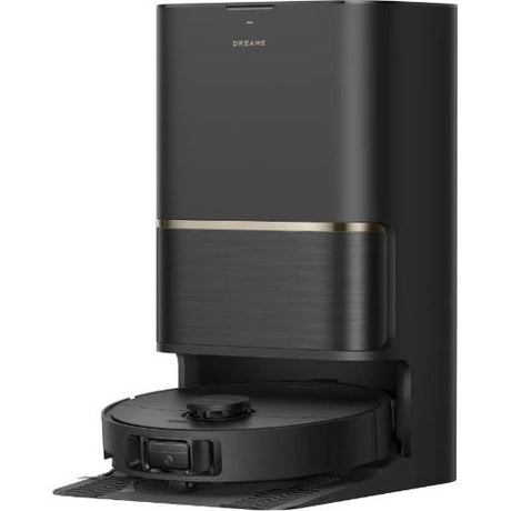 Dreame L50 Ultra AE black robotic vacuum with self-emptying dock station, featuring dark grey and brushed metal accents, shown from front angle with charging base visible