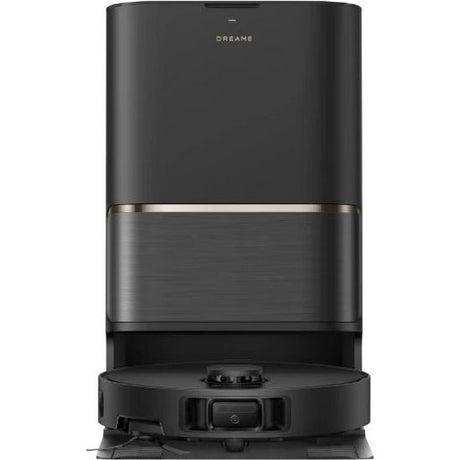 Dreame L50 Ultra AE black robotic vacuum cleaner with dustbin station, featuring dark grey brushed metal band and automatic empty base design
