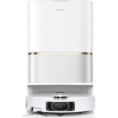 Dreame L50 Ultra AE white robotic vacuum with docking station featuring white upper tower, silver middle section and white circular base with camera and sensors visible from front angle