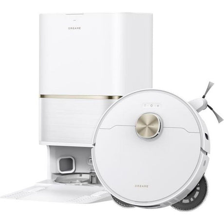 Dreame L50 Ultra AE white robotic vacuum cleaner with circular design, champagne gold center dial, and self-emptying dust collection station with extended dustbin shown against white background