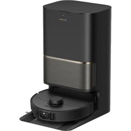 Dreame L50s Pro Ultra black robotic vacuum cleaner with self-emptying dustbin station, featuring stainless steel accents and automatic dock base