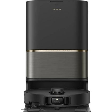 Dreame L50s Pro Ultra robot vacuum with black cylindrical body, brushed metal middle band, and black circular base with control panel, front view on white background