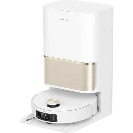 Dreame L50s Pro Ultra white robot vacuum with champagne gold accents and self-emptying dust bin station, showing docking base and circular robotic vacuum unit