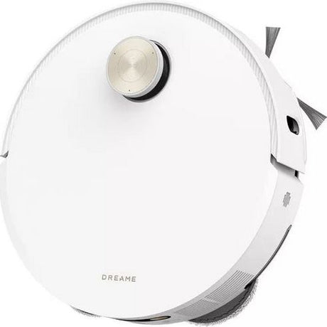 Top-down view of white Dreame L50s Pro Ultra robot vacuum with circular disc body, metallic center knob, side brushes extended, and Dreame branding visible on the lower edge against white background