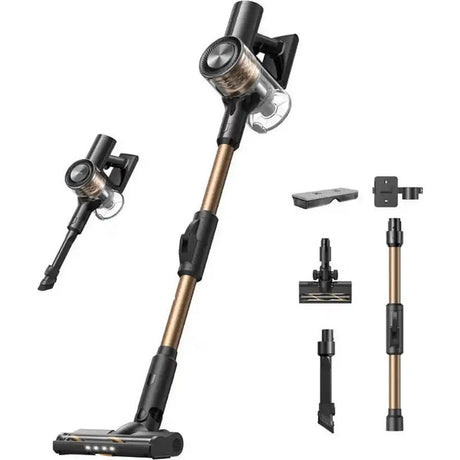 Dreame R10s Lite cordless vacuum cleaner showing full-size and compact models in black and bronze with detachable accessories including motorized floor brush, crevice tool, wall mount and extension wands displayed on white background
