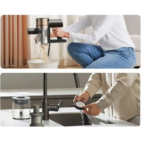 Dreame R10s Lite cordless vacuum cleaner shown in two usage scenarios: top image displays person in white long-sleeve shirt and blue jeans emptying dust bin into white container in living room with orange curtains; bottom image shows person in beige cardigan rinsing filter under kitchen sink tap with black faucet and clear water container visible