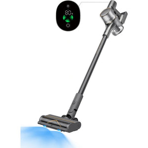 Dreame R20 cordless stick vacuum cleaner in silver with digital display showing 80% battery level, featuring motorized brush head and telescopic pole against white background