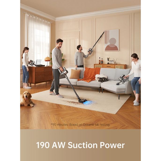 Family using Dreame R20 cordless stick vacuum with 190 AW suction power in beige and cream living room with wooden floors, orange accents, and dog, demonstrating cleaning capability on light carpet