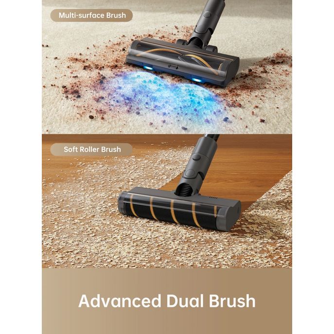 Dreame R20 cordless stick vacuum with Advanced Dual Brush system showing Multi-surface Brush cleaning carpet with blue cleaning solution and Soft Roller Brush on wooden floor, silver and black design