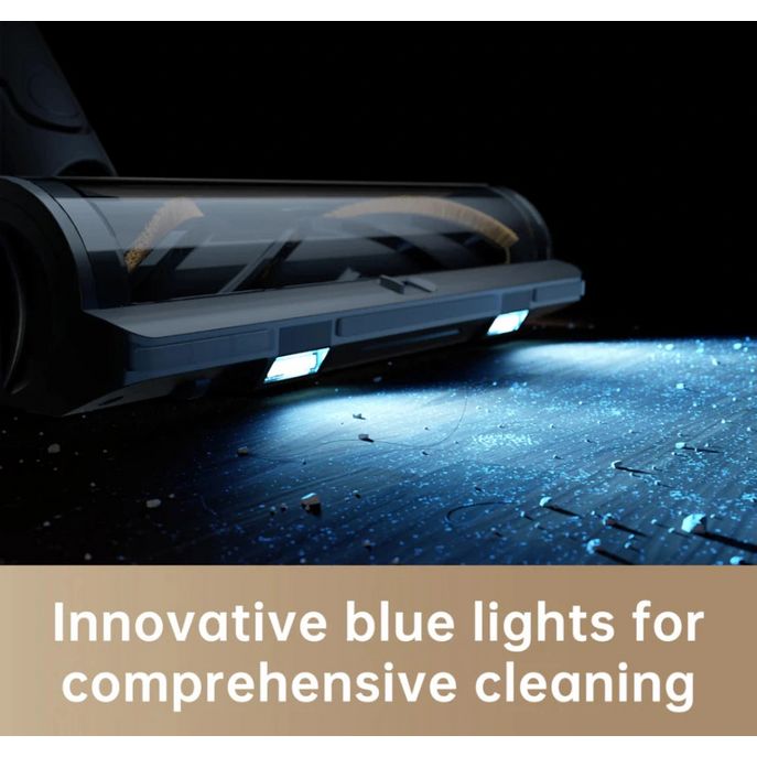 Dreame R20 cordless stick vacuum cleaner in silver with innovative blue LED lights illuminating wet floor surface during cleaning demonstration