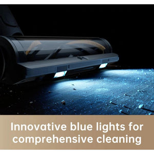 Dreame R20 cordless stick vacuum cleaner in silver with innovative blue LED lights illuminating wet floor surface during cleaning demonstration