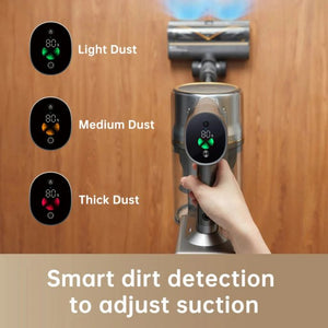Dreame R20 cordless stick vacuum cleaner silver demonstrating smart dirt detection feature with three dust level indicators showing light dust in green medium dust in orange and thick dust in red on display against wooden floor background