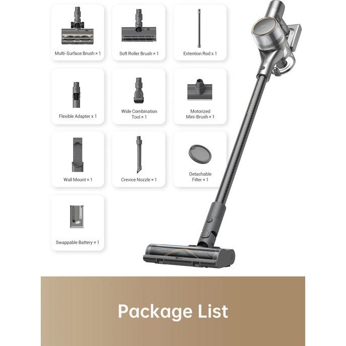 Dreame R20 cordless stick vacuum in silver with accessories package including multi-surface brush, soft roller brush, extension rod, flexible adapter, wide combination tool, motorized mini-brush, wall mount, crevice nozzle, detachable filter and swappable battery