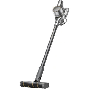 Dreame R20 cordless stick vacuum cleaner in silver with digital display, featuring a cylindrical dust bin, telescopic metal pole, and motorized brush head with black roller and gold accents on white background