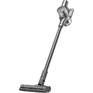 Dreame R20 cordless stick vacuum in silver and black with extended pole, motorized brush head, and wall-mounted charging dock attachment