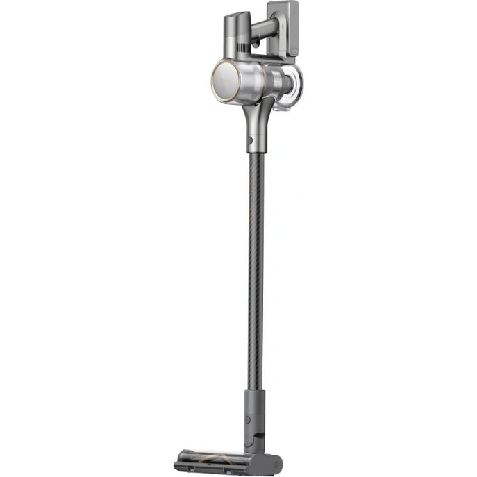 Dreame R20 cordless stick vacuum cleaner in silver and black with extendable pole, motorized brush head and wall-mounted charging dock