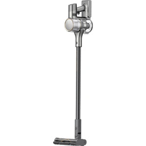 Dreame R20 cordless stick vacuum cleaner in silver and black with extendable pole, motorized brush head and wall-mounted charging dock