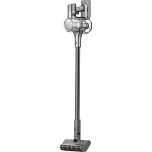 Dreame R20 cordless stick vacuum cleaner in silver and grey with extended pole, motorized brush head and wall-mounted charging dock