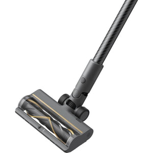 Dreame R20 cordless stick vacuum cleaner with silver and black motorized brush head attachment on extended pole against white background