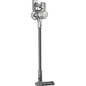 Dreame R20 cordless stick vacuum in silver with telescopic pole, motorized brush head, and charging dock base shown against white background