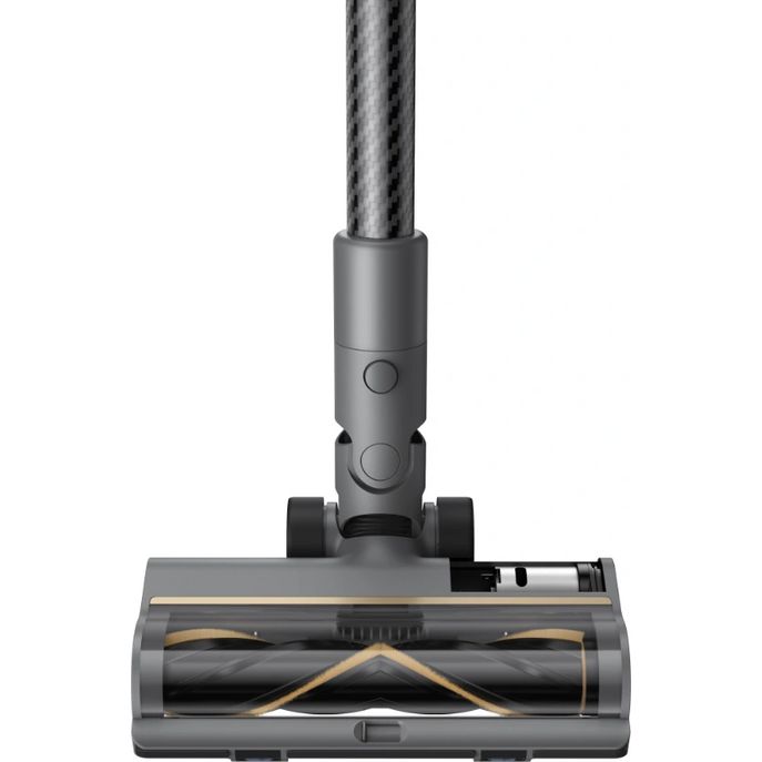Dreame R20 cordless stick vacuum cleaner with silver and black motorized brush head, gray carbon fiber pole, and control buttons