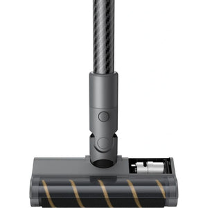 Dreame R20 cordless stick vacuum cleaner with silver metal pole and motorized brush head featuring black roller with gold stripes, shown against white background