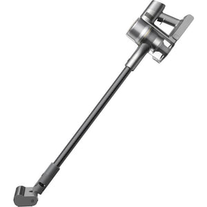 Dreame R20 cordless stick vacuum cleaner in silver and black with metallic motor head and extended pole shown at an angle against white background