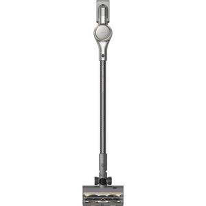 Dreame R20 cordless stick vacuum cleaner in silver with telescopic wand, circular dust cup head, and motorized brush head attachment shown against white background