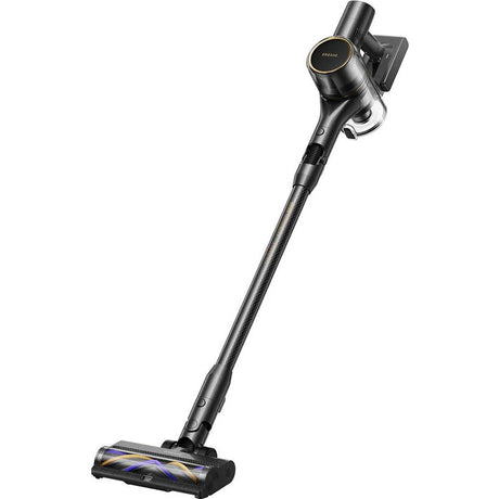 Dreame R20 Pro cordless stick vacuum cleaner with black metal body, gold accents, telescopic wand, and motorized brush head with blue and gold stripe detail on white background