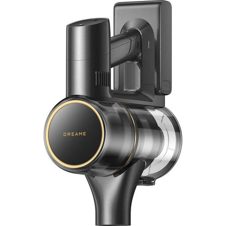 Dreame R20 Pro cordless vacuum cleaner with black and silver cylindrical dust canister, gold accent ring, wall-mounted charging dock and telescopic handle against white background