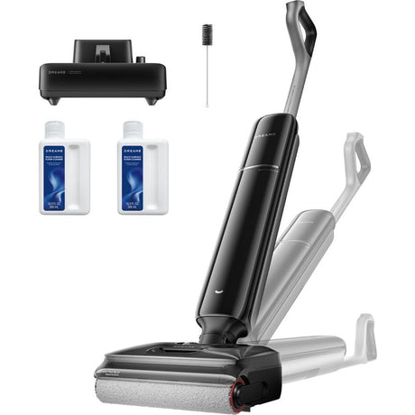 Dreame T12 Pro wet and dry cordless vacuum cleaner in black and silver with included accessories including cleaning solution bottles, brush attachment, and docking station displayed on white background